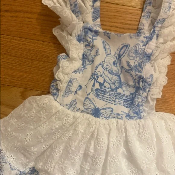 Girls Blue & White Ruffle Eyelet Dress - Picture 2 of 3